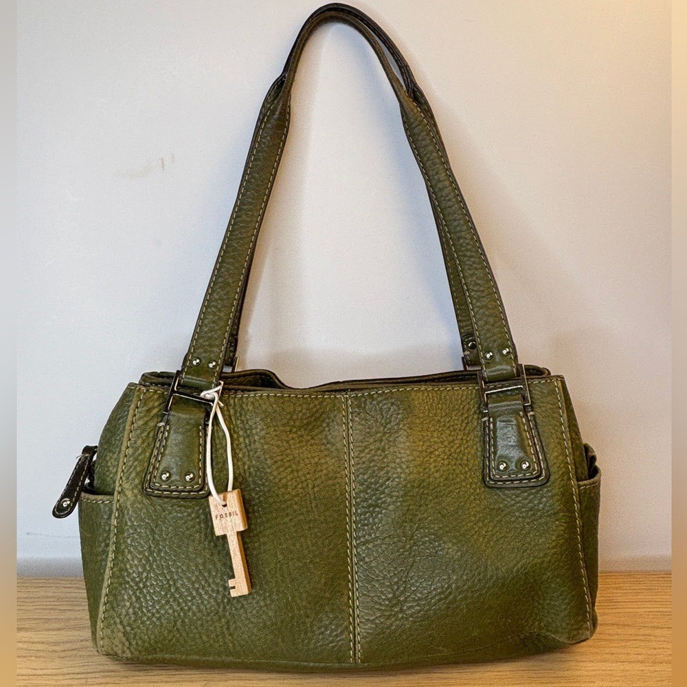 Vintage 80's Fossil Olive Green Leather Satchel Handbag