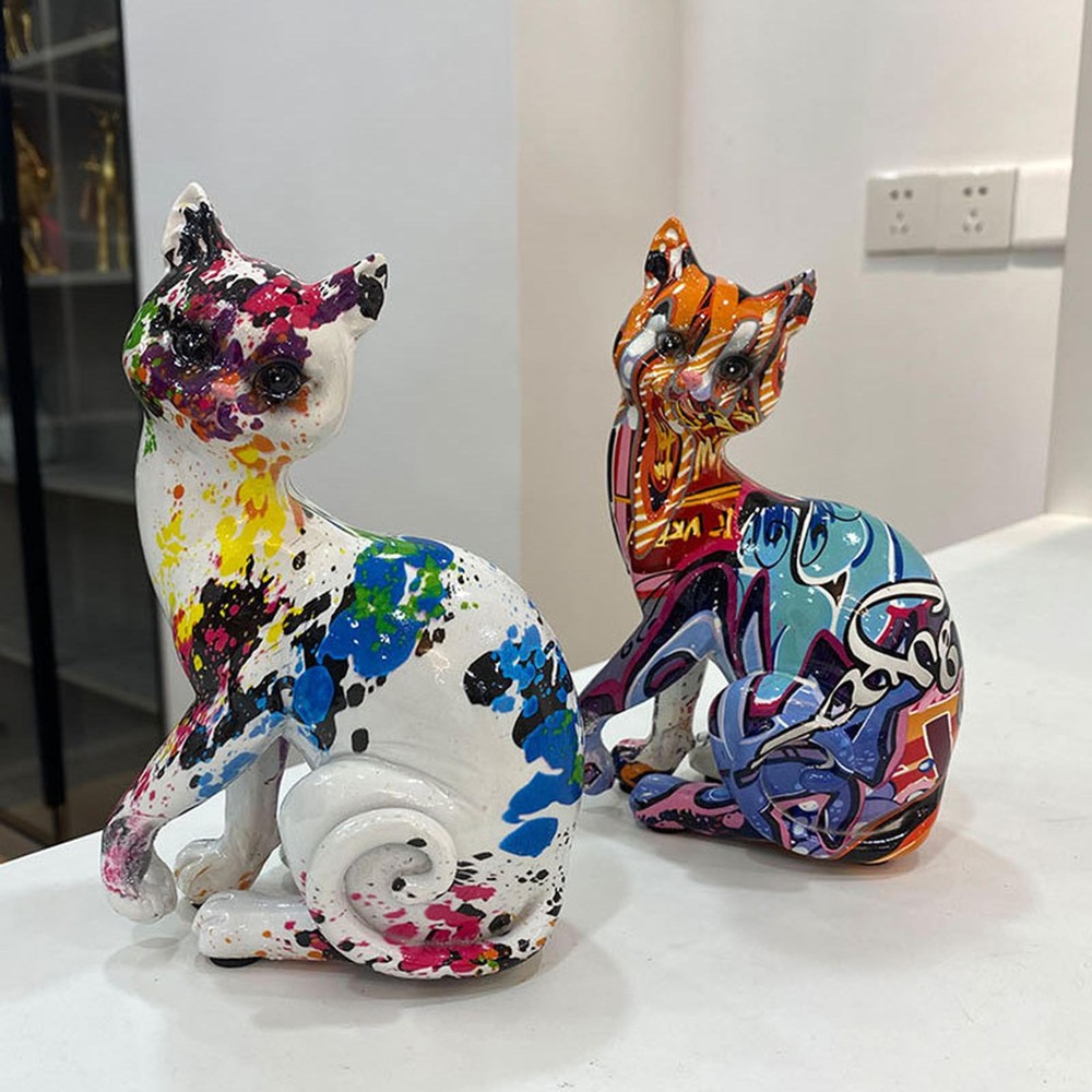 Resin Graffiti Cat Statues Abstract Painted Figurines for Home Decor Craft-image