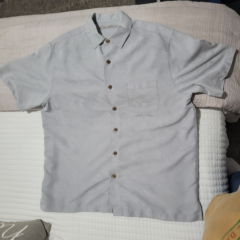 Caribbean Shirt Men's XL Gray Solid Button Up Short-Sleeve Modal Blend Hawaiian