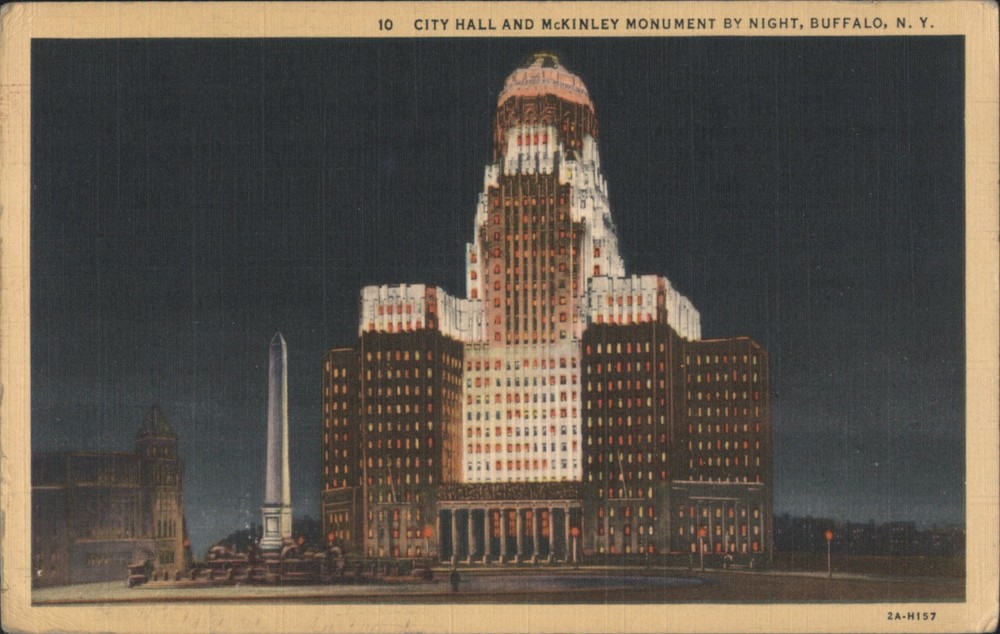 Buffalo, NY New York City Hall McKinley Monument by Night Teich 1944 Vintage