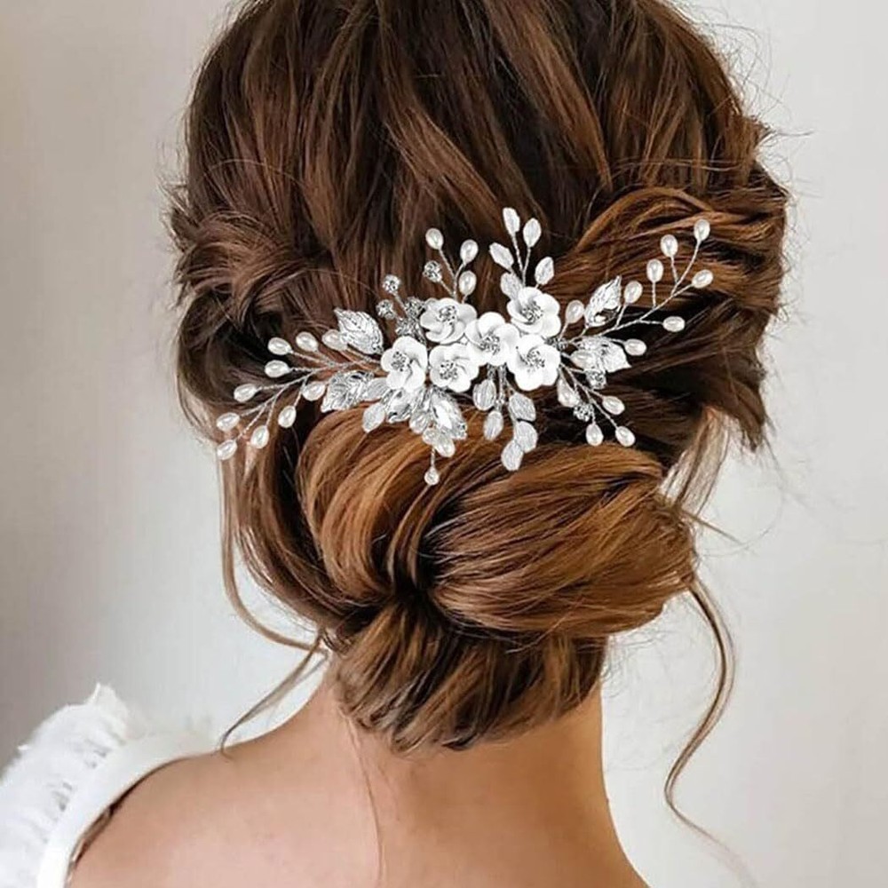 Bride Hair Comb Hair Clips Flower Leaf Headpiece Pearl Wedding Hair Accessori...