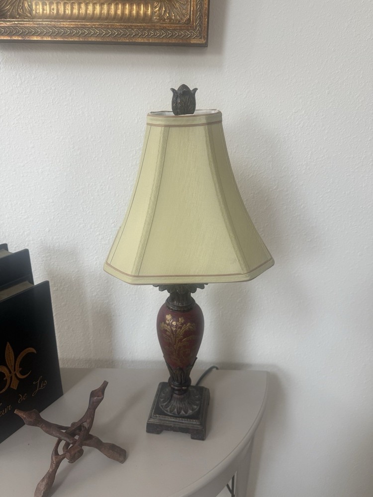 Traditional Table Lamp Floral Pattern Bell Shade Beige Burgundy Gold