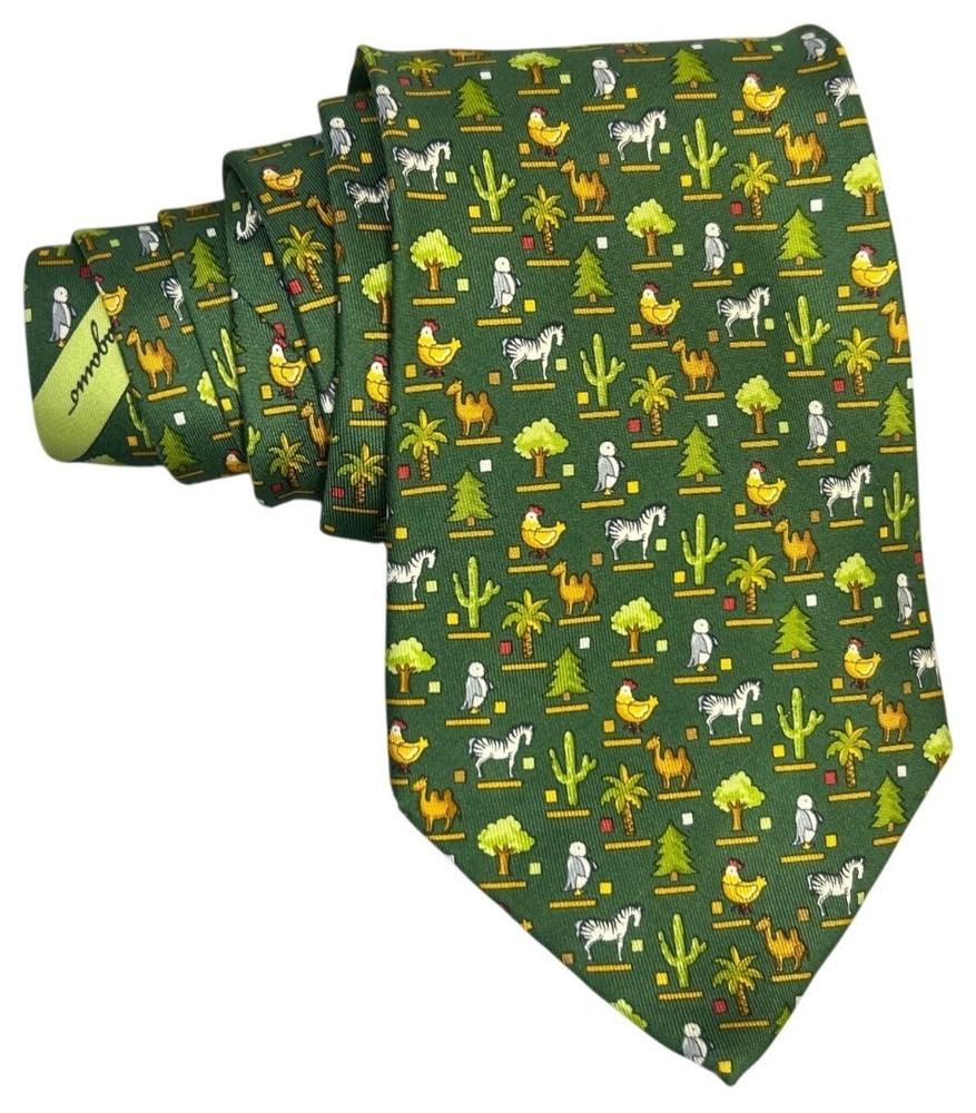 Salvatore Ferragamo Green Silk Men's Neck Tie Tree Animal Print Italy Designer