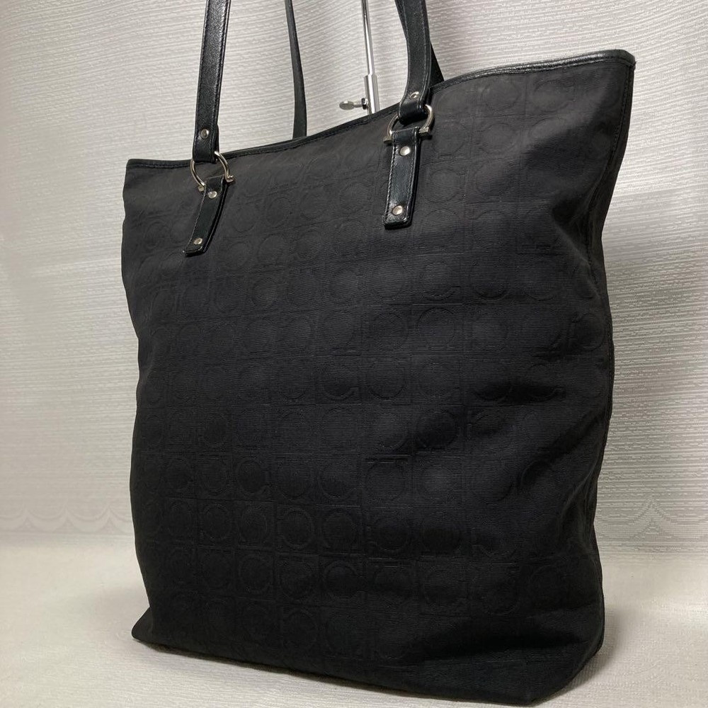 Ferragamo Black Gancini Canvas Tote Bag with All-Over Pattern