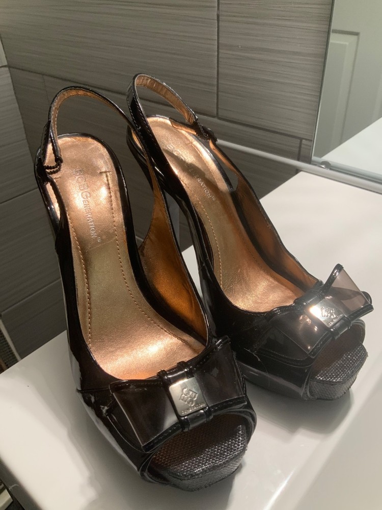 BCBG Peep Toe Heels - Black Patent and Soft Leather with Bow - Size 8.5
