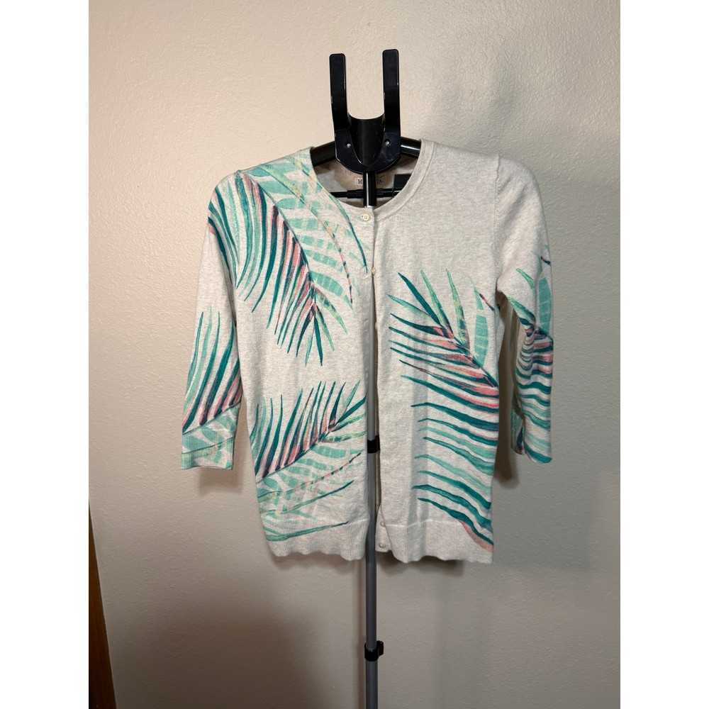 Merona Womens Medium Oatmeal Tropical Palm Leaf Print Button Front Cardigan