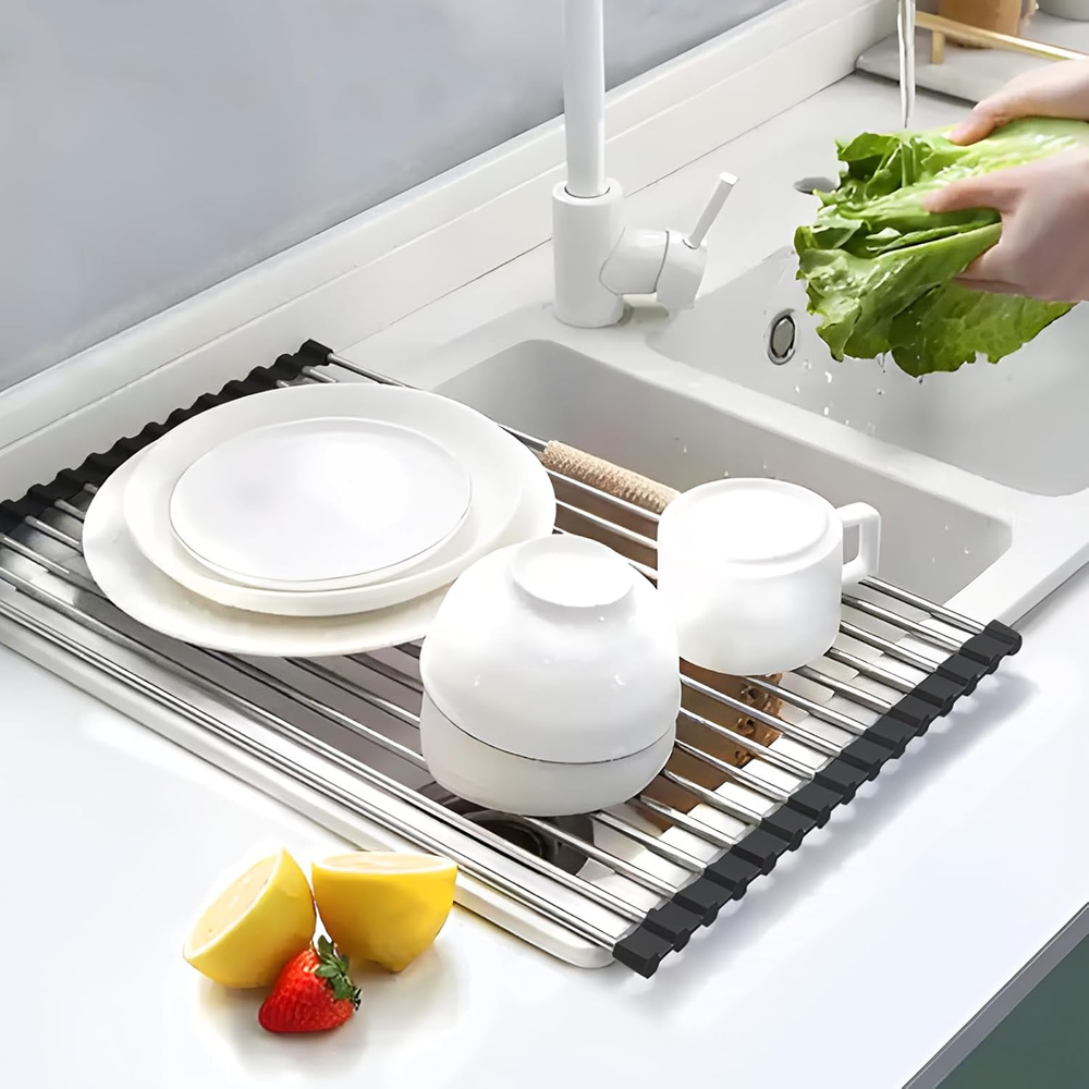 Compact Black Stainless Steel Foldable Over-Sink Dish Drying Rack 16.9x11 Inches