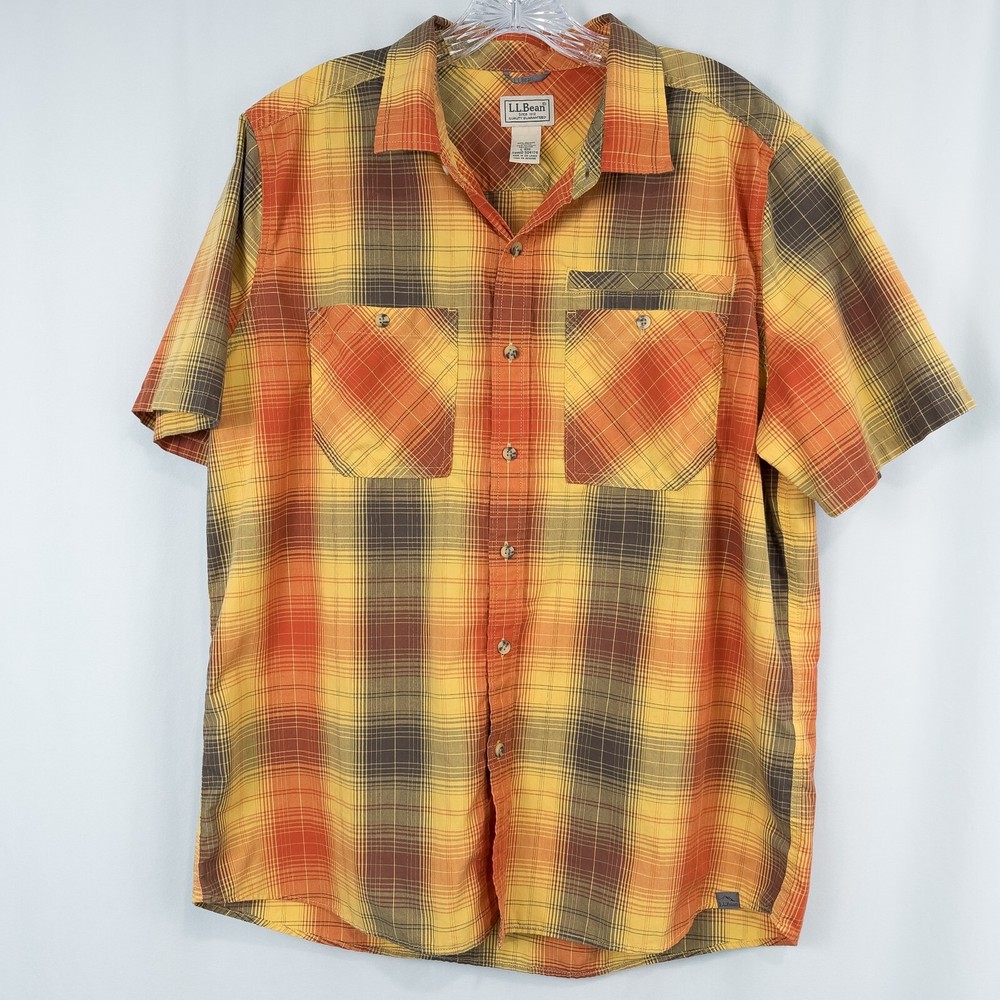 LL Bean Otter Cliff Shirt Mens Large Plaid Orange Yellow Zip Pocket Cotton Poly