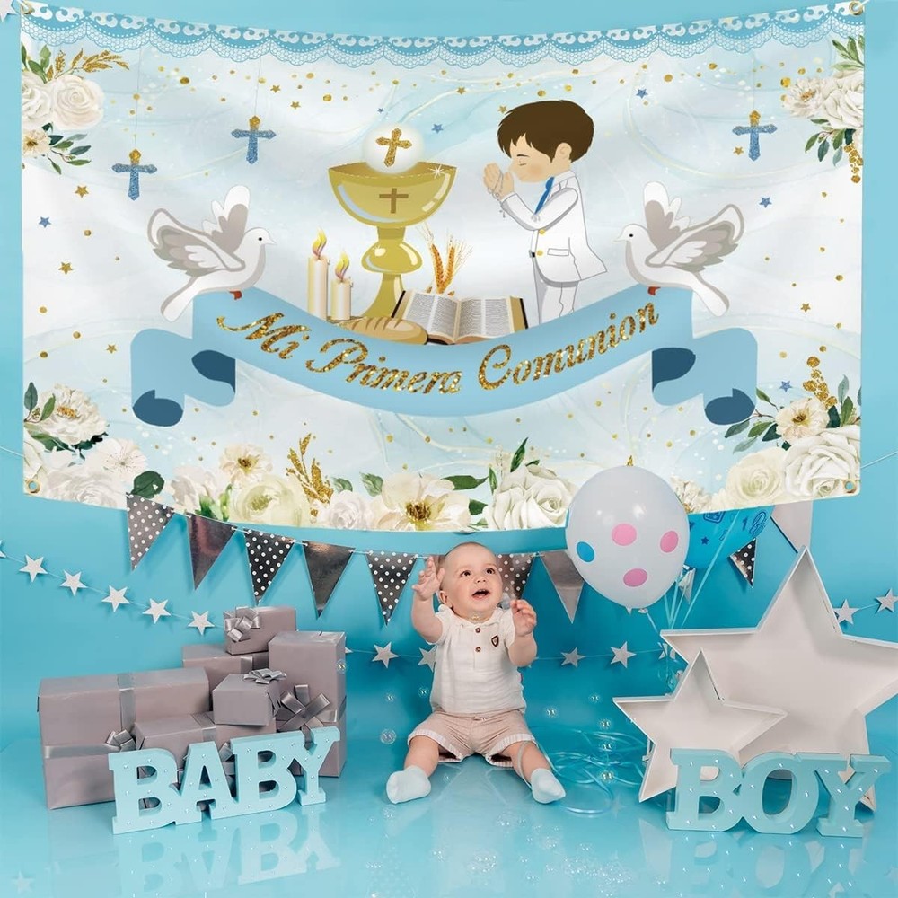 First Communion Decorations Communion Backdrop Baptism God Bless Banner Blue