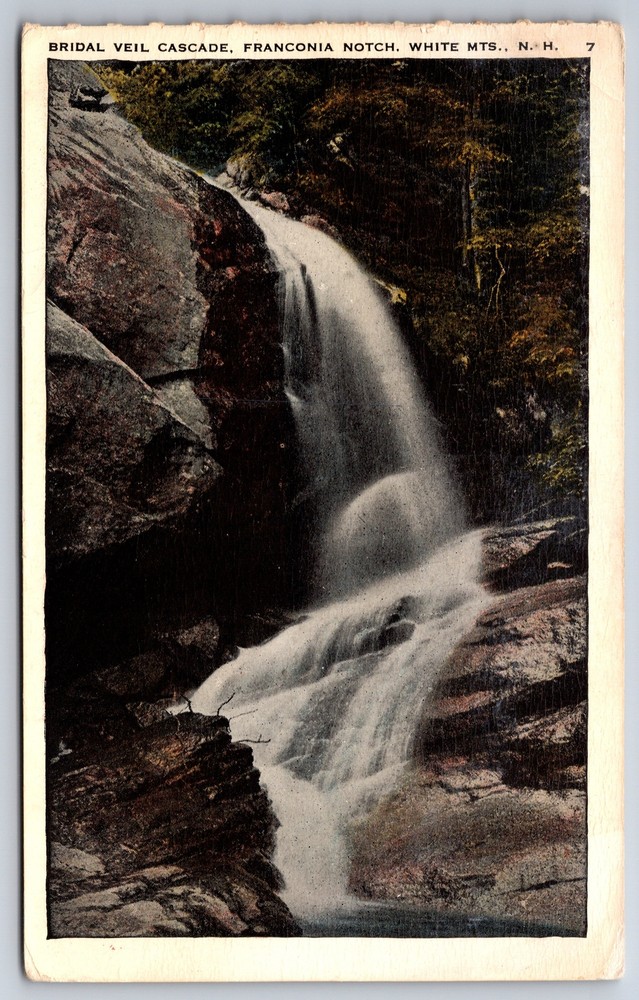 White Mts NH~Bridal Veil Cascade Franconia Notch~Vintage Linen Postcard