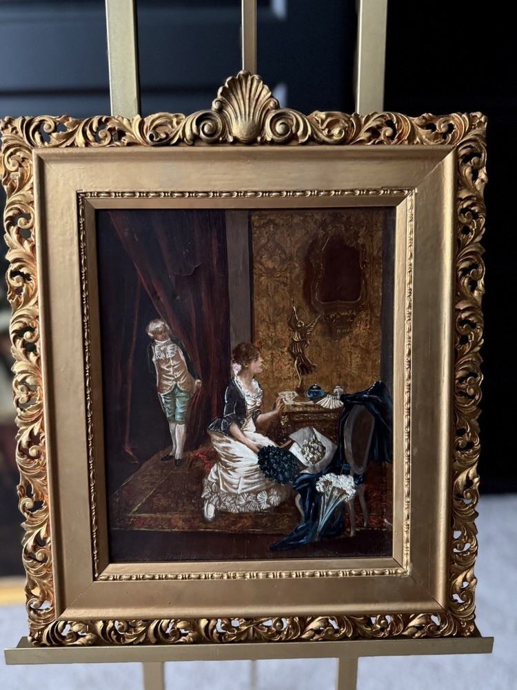 19th C Antique Oil Painting Interior Genre Scene Woman Letter Gilt Frame