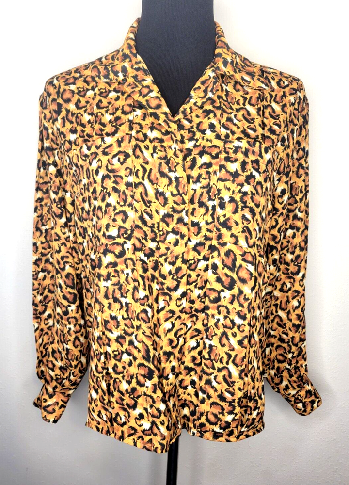 ANNE KLEIN Cheetah Polyester Button Down Long Sleeve Shirt Top Blouse 6