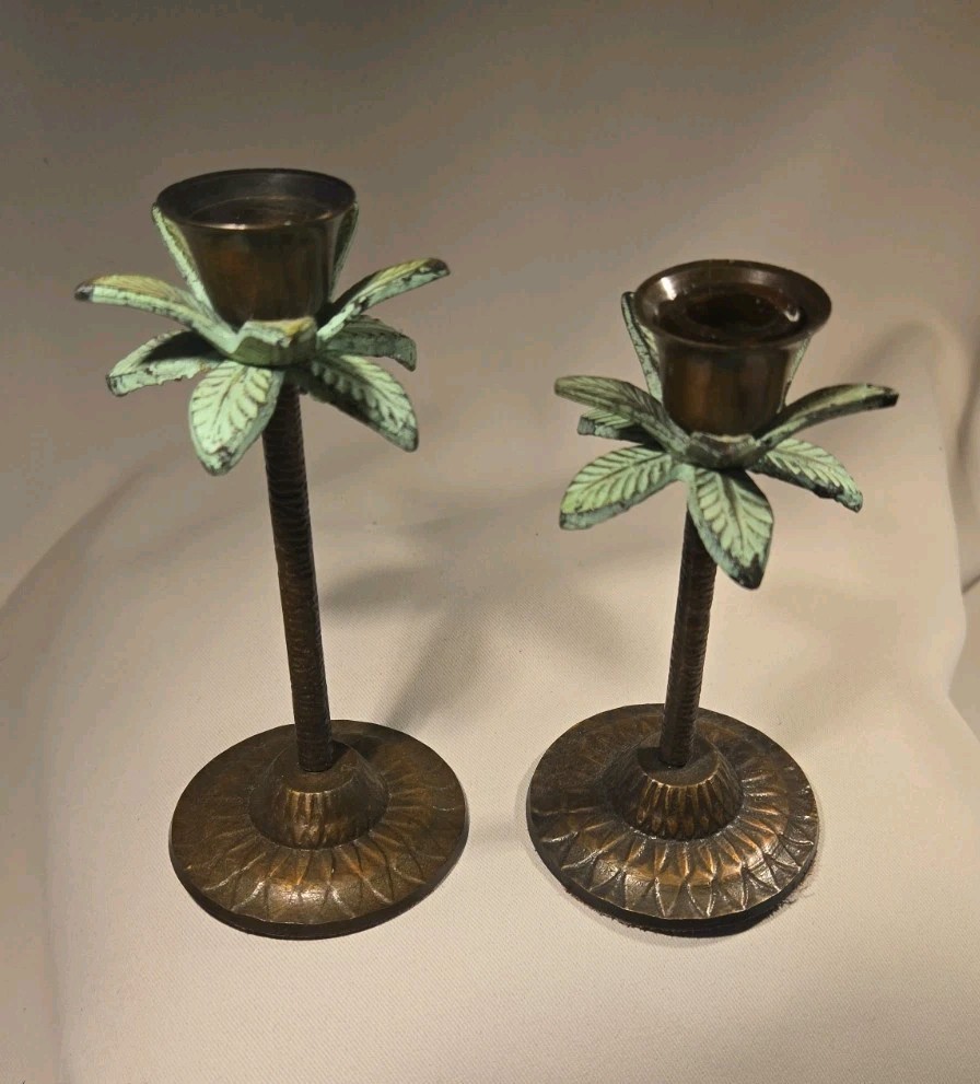 VTG Set of 2 Palm Tree Brass Candlesticks Hollywood Regency Tiki Beach