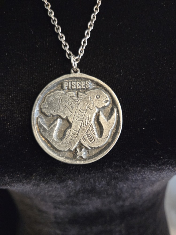 Vintage Zodiac Pendant Necklace Pisces Coin Medallion Pewter Tone Two Fish