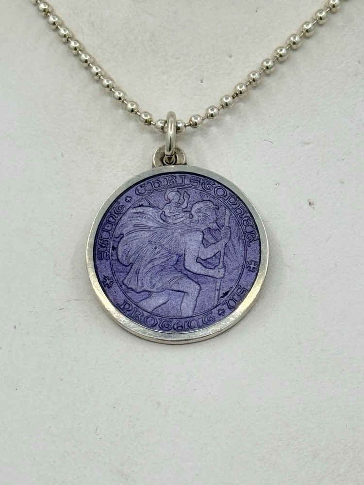 Vintage Charles Thomae Sterling Silver St Christopher Purple Enamel 1” Pendant