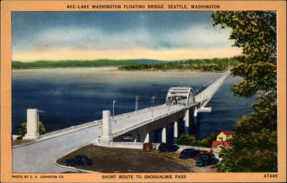 Seattle Washington Lake floating bridge 1940s cars unused vintage linen postcard