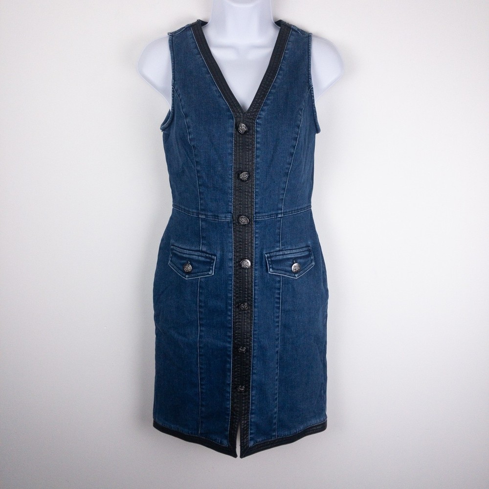 White House Black Market Couture Denim Dress Womens 0P Blue Sheath Button New
