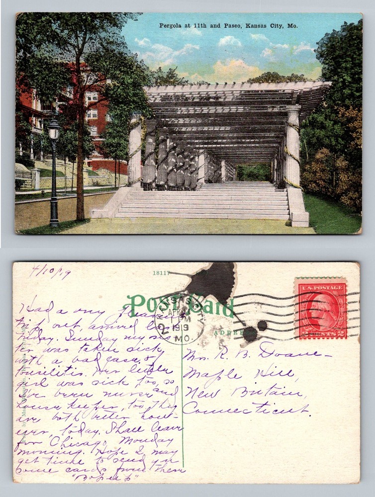 Kansas City, MO-Missouri, Park Pergola At 11th & Paseo Vintage c1919 Postcard