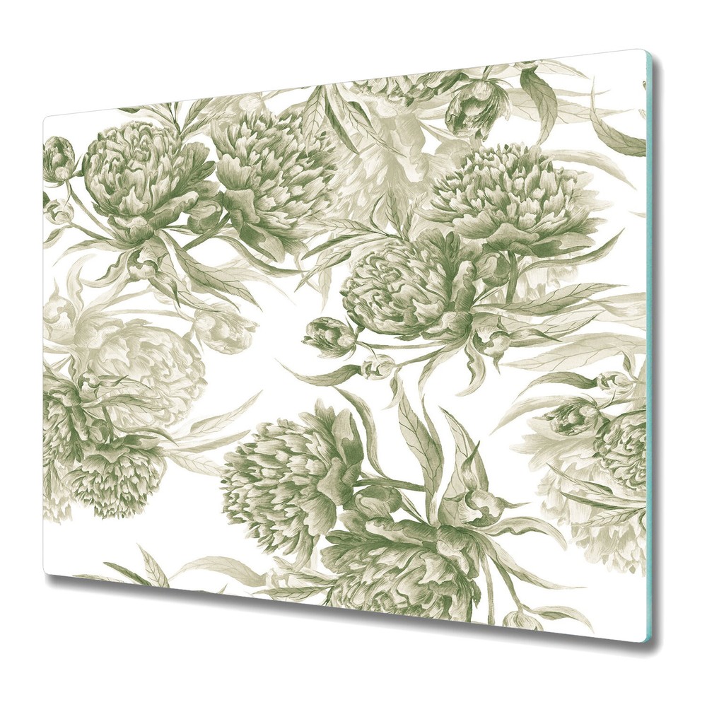Glass Worktop Kitchen Chopping Board Green Peonies Bright Botanical Drawing