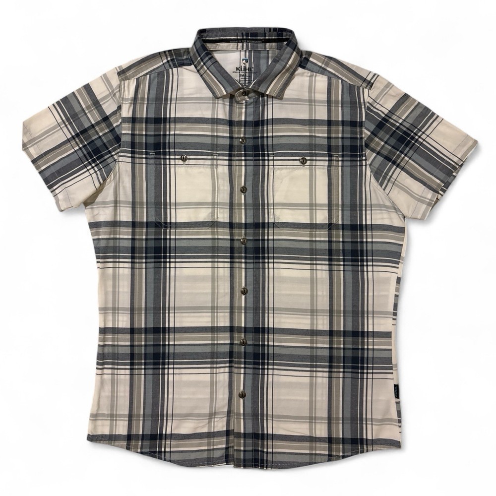 KUHL Styk Men's Small Tapered Fit Short Sleeve Blue Plaid Button Up Shirt