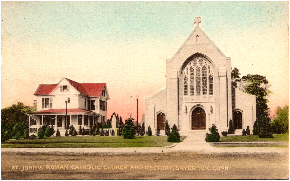 St. John's Roman Catholic Church & Rectory Saybrook Connecticut 1940s Postcard