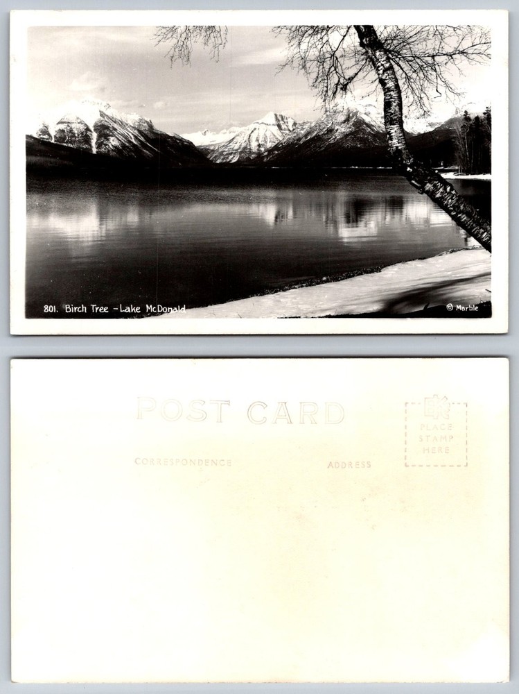 Vintage RPPC Birch Tree Lake McDonald Glacier National Park Mountains