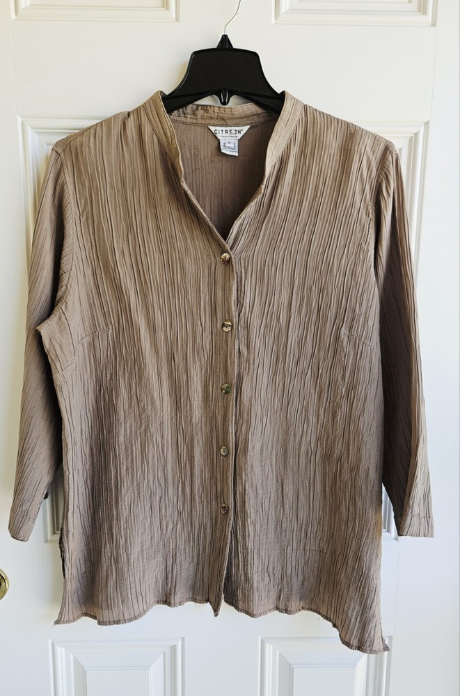 Citron Santa Monica Brown Textured Silk Cotton Blend Button Down Top Size 1X