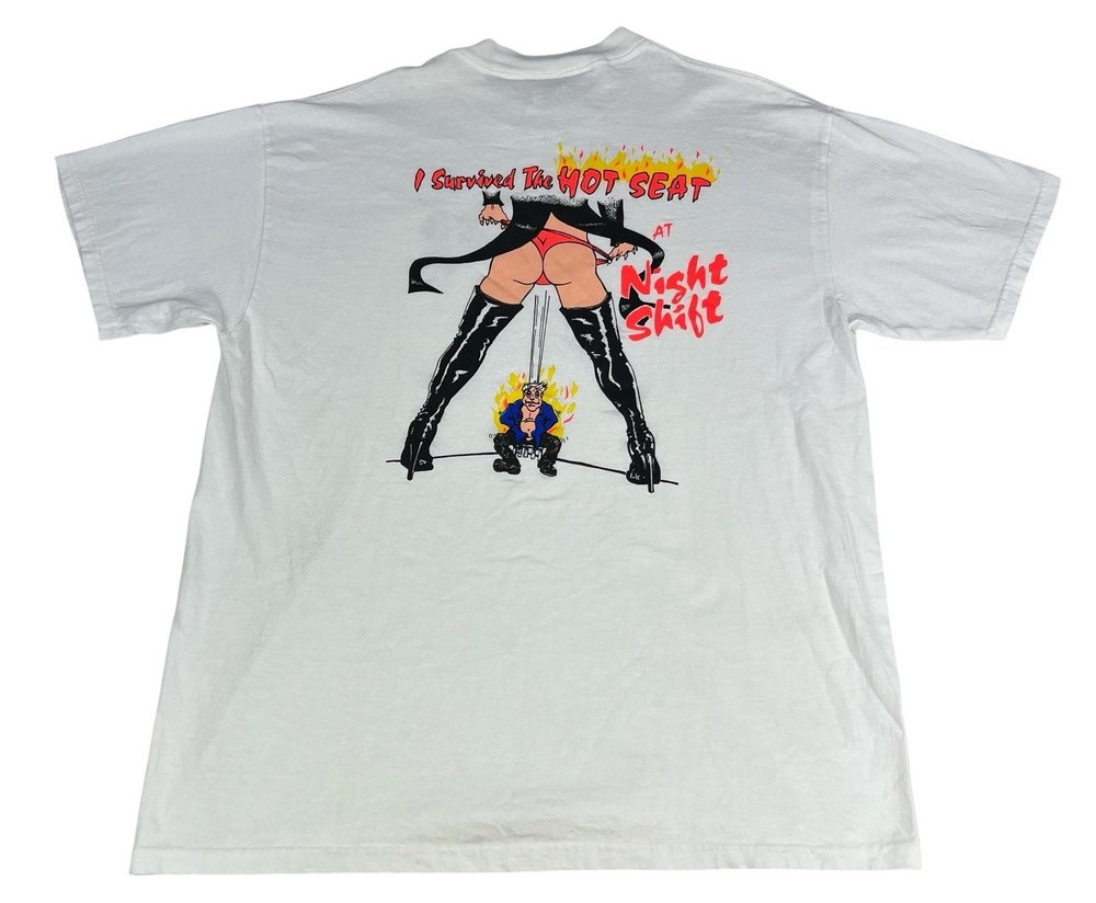 Vintage 90s Night Shift Strip Club Stripper Hot Seat Lap Dance White T-Shirt XL