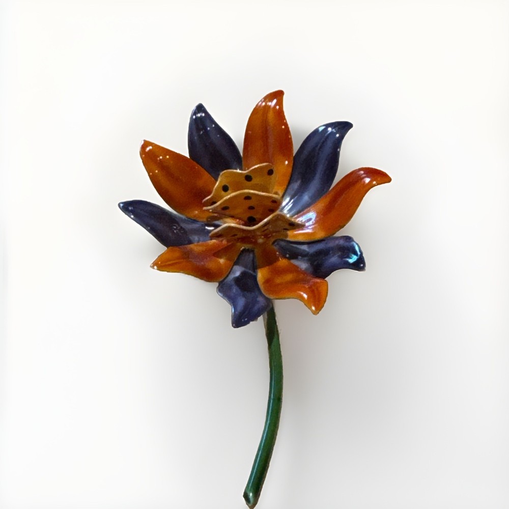 Vintage Original By Robert Metal Enamel Orange & Purple Dots Flower Pin Brooch