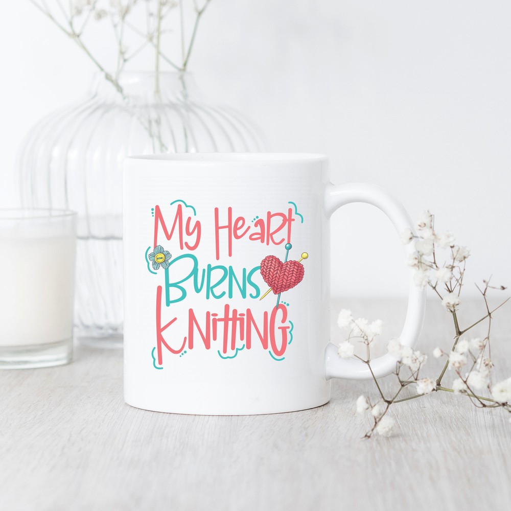 Burning Knitting Heart Mug Gift for Knitters and Crocheters