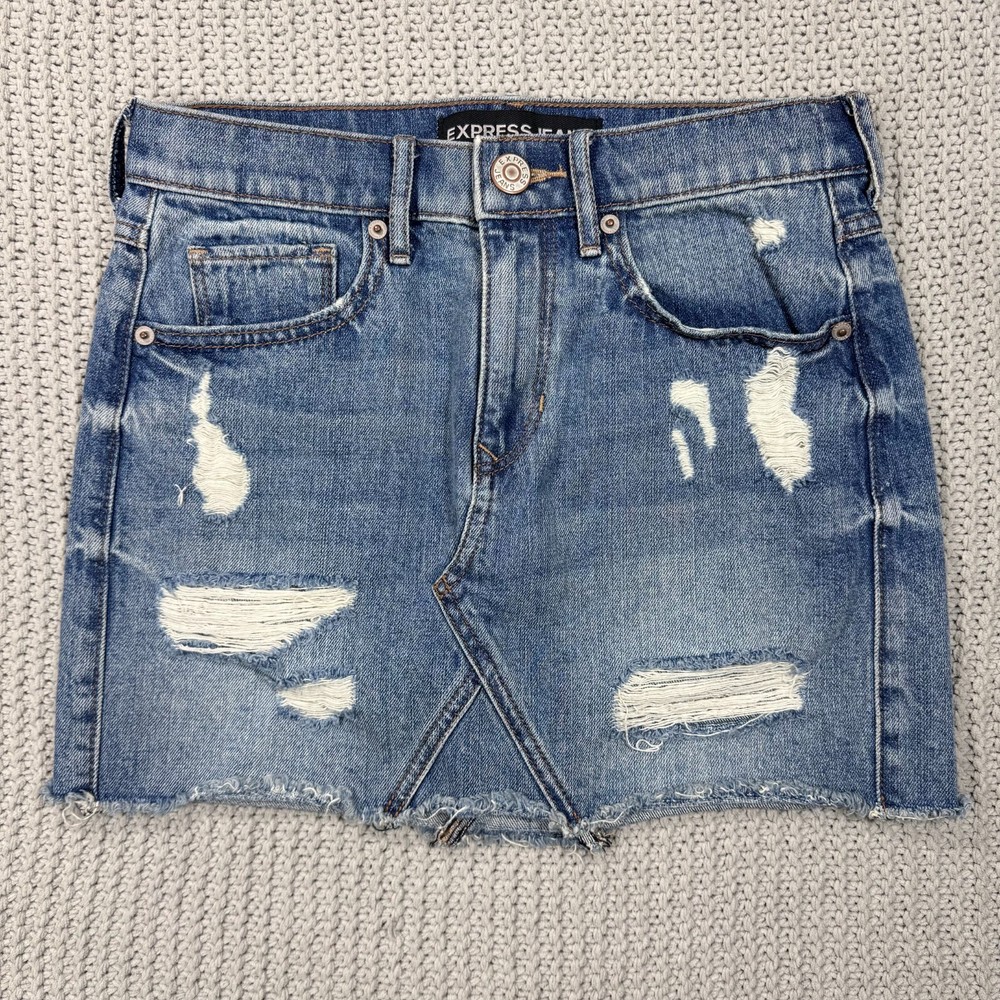 Express Denim Mini Skirt 0 Distressed Thrashed Boho Festival Grunge Street Y2K