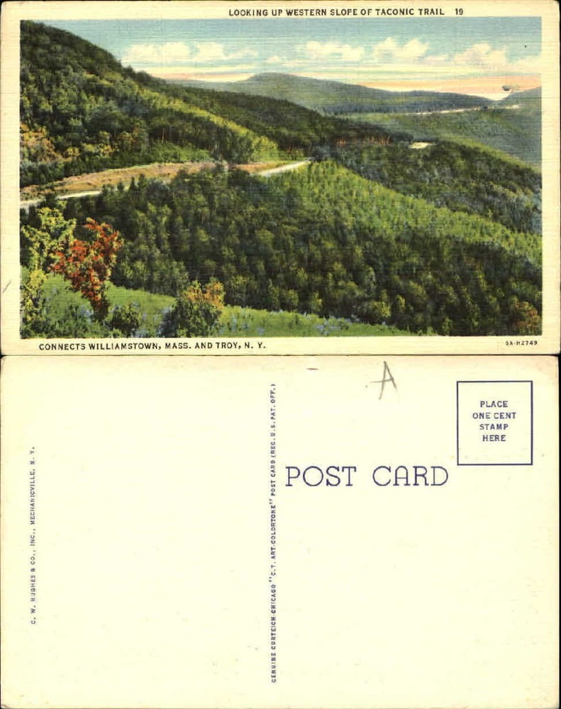 Taconic Trail Williamstown MA Troy NY panorama linen unused old vintage postcard