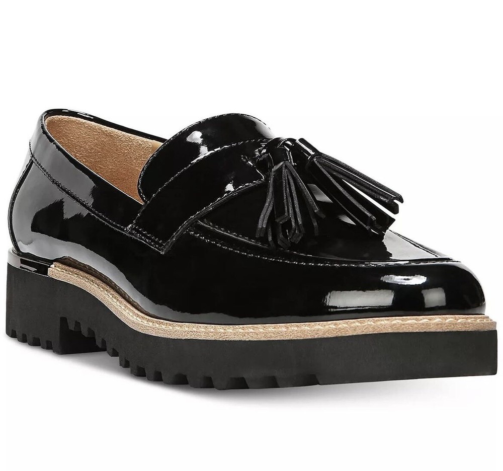 New Franco Sarto Womens Carolynn Lug Sole Loafers Black Patent Slip On Sz 7.5W