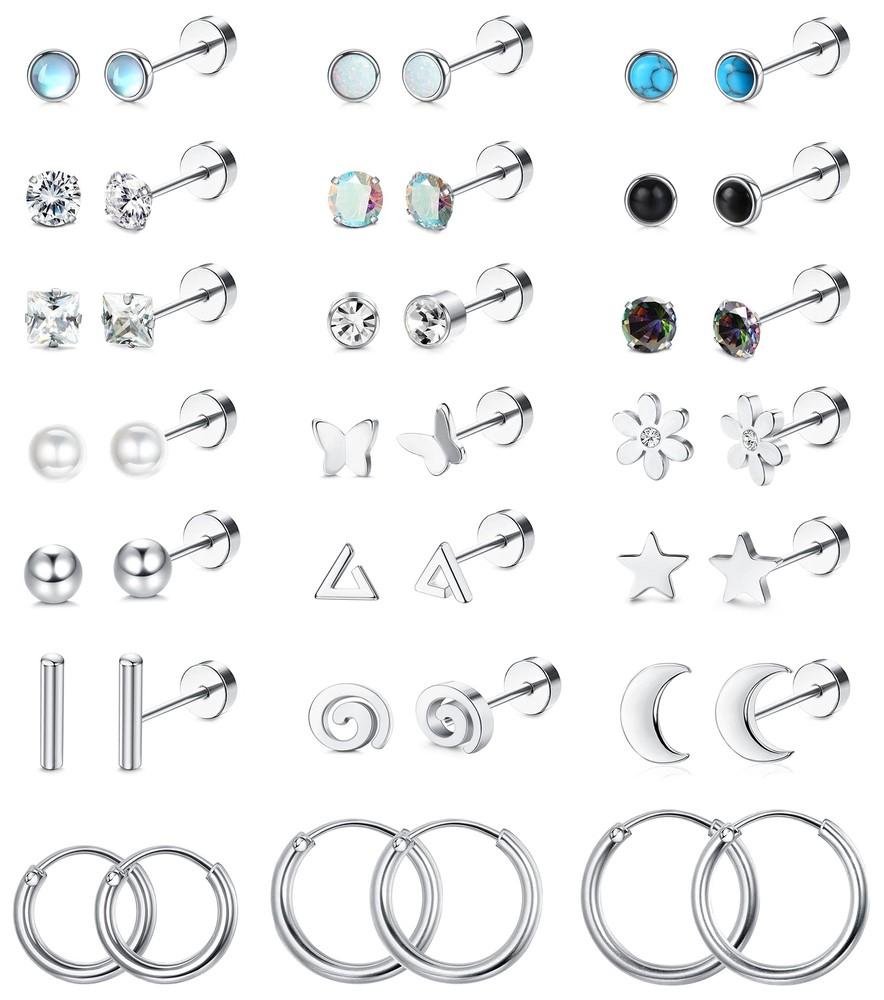 21Pairs 20G Surgical Steel Flat Back Earrings Hypoallergenic Screw Back for Comfort