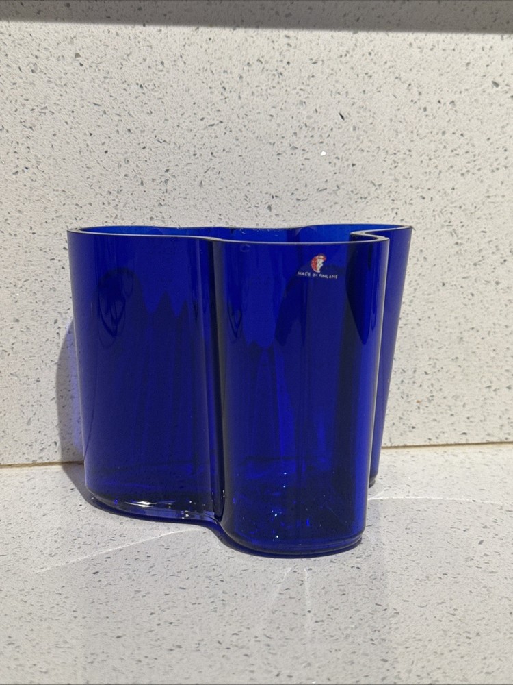 Vintage Iittala Alvar Aalto Savoy Cobalt Blue Glass Vase Mouth Blown AS IS