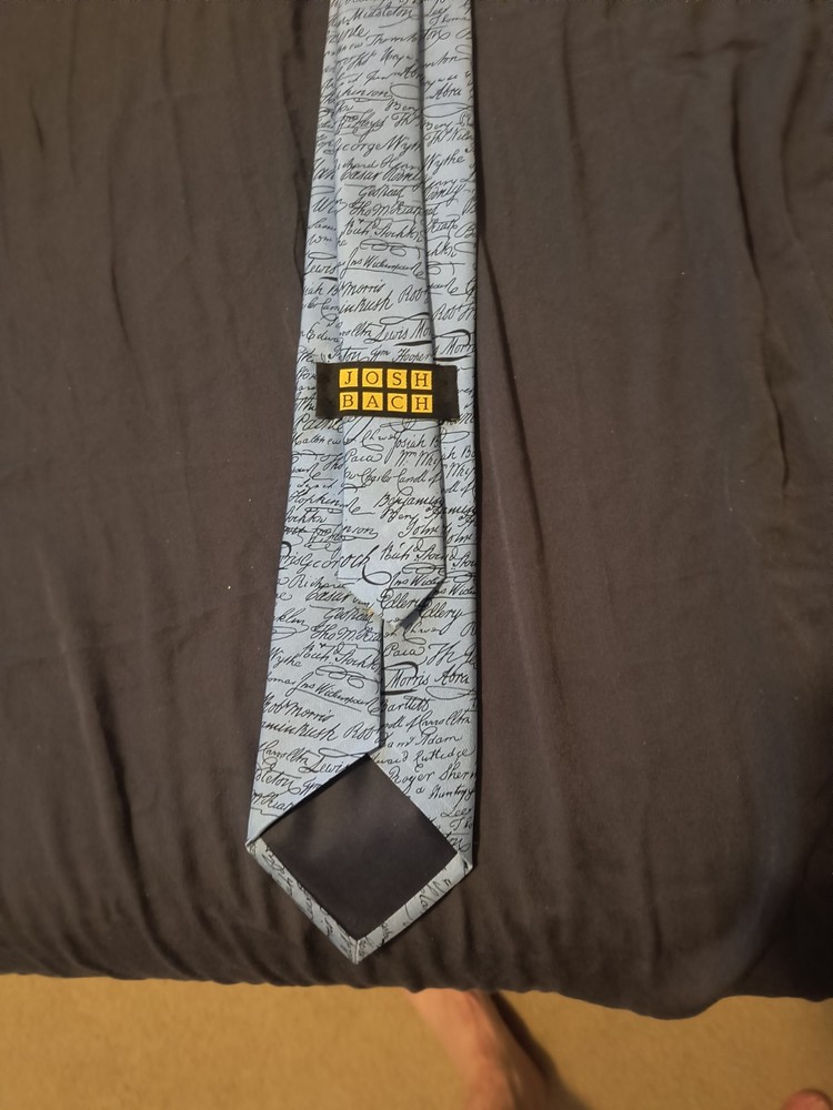 Josh Bach Men's Blue Script Pattern Pointed Tie, 100% silk