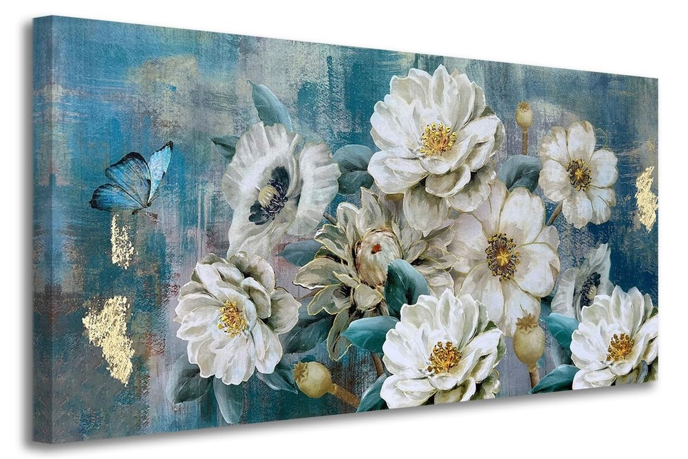 Arjun Flowers Canvas Wall Art White Elegant Modern Teal Picture Gold Foil Rus...