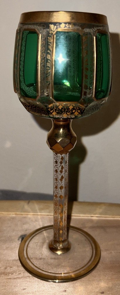 Bohemian Moser Cab Cut Glass Green & Gold Gilt Wine Goblet (ONE) Vintage/Antique