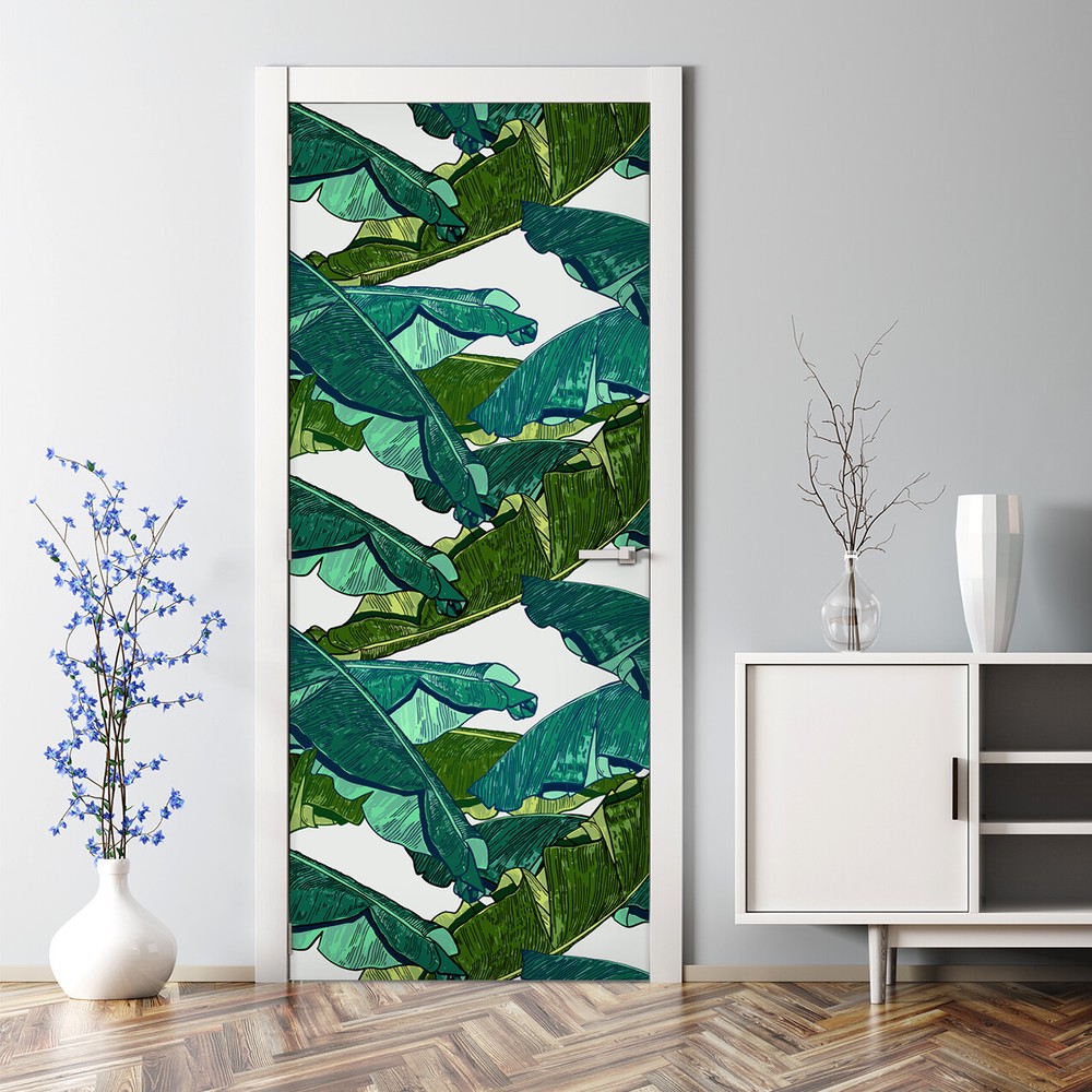 Removable Door sticker Banana leaves Green Exotic and tropical self adhesive art
