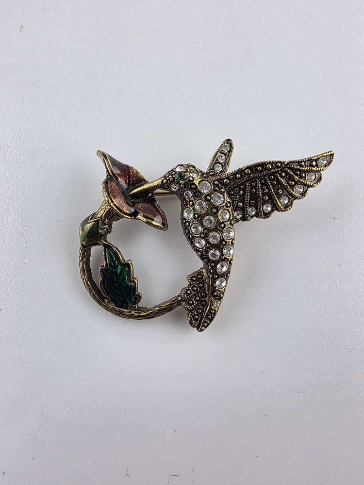 Vintage 1928 Brand Rhinestone Hummingbird Enamel Flower Brooch Pin Gold Tone