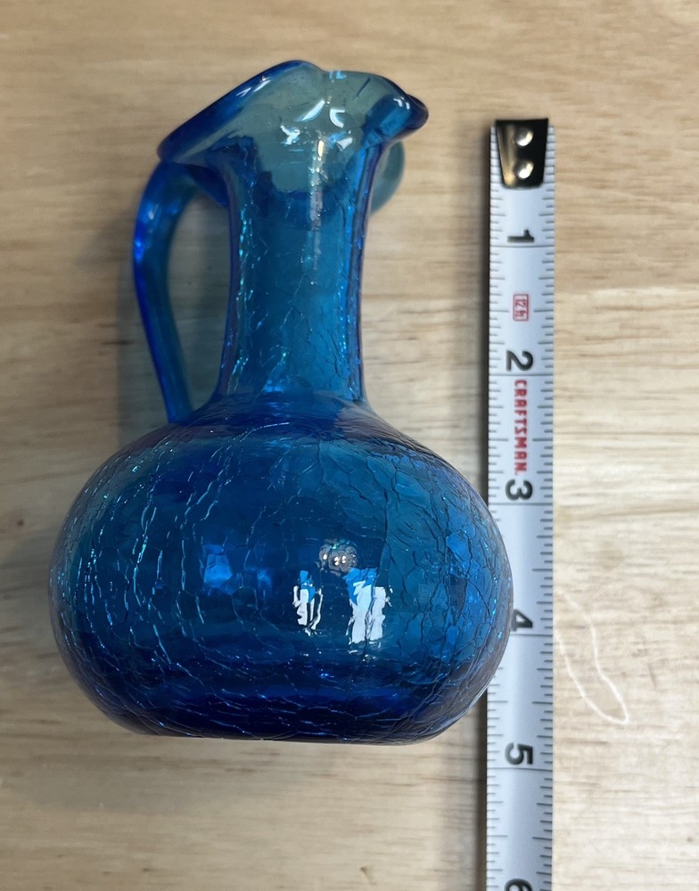 Vintage Blue Crackle Glass Pitcher Vase Fluted Lip With Handle Excellent
