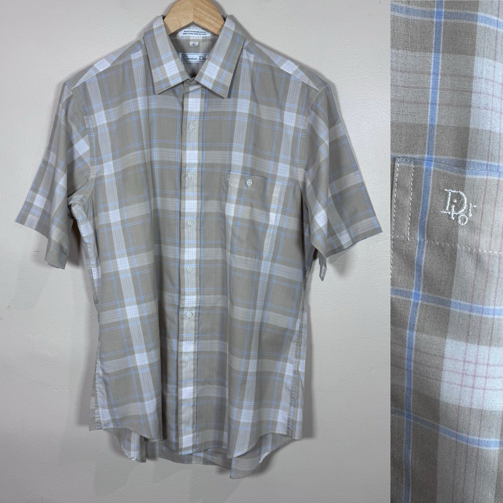 VTG Christian Dior Mens Button Up Shirt Plaid Short Sleeve L Logo 90s Designer