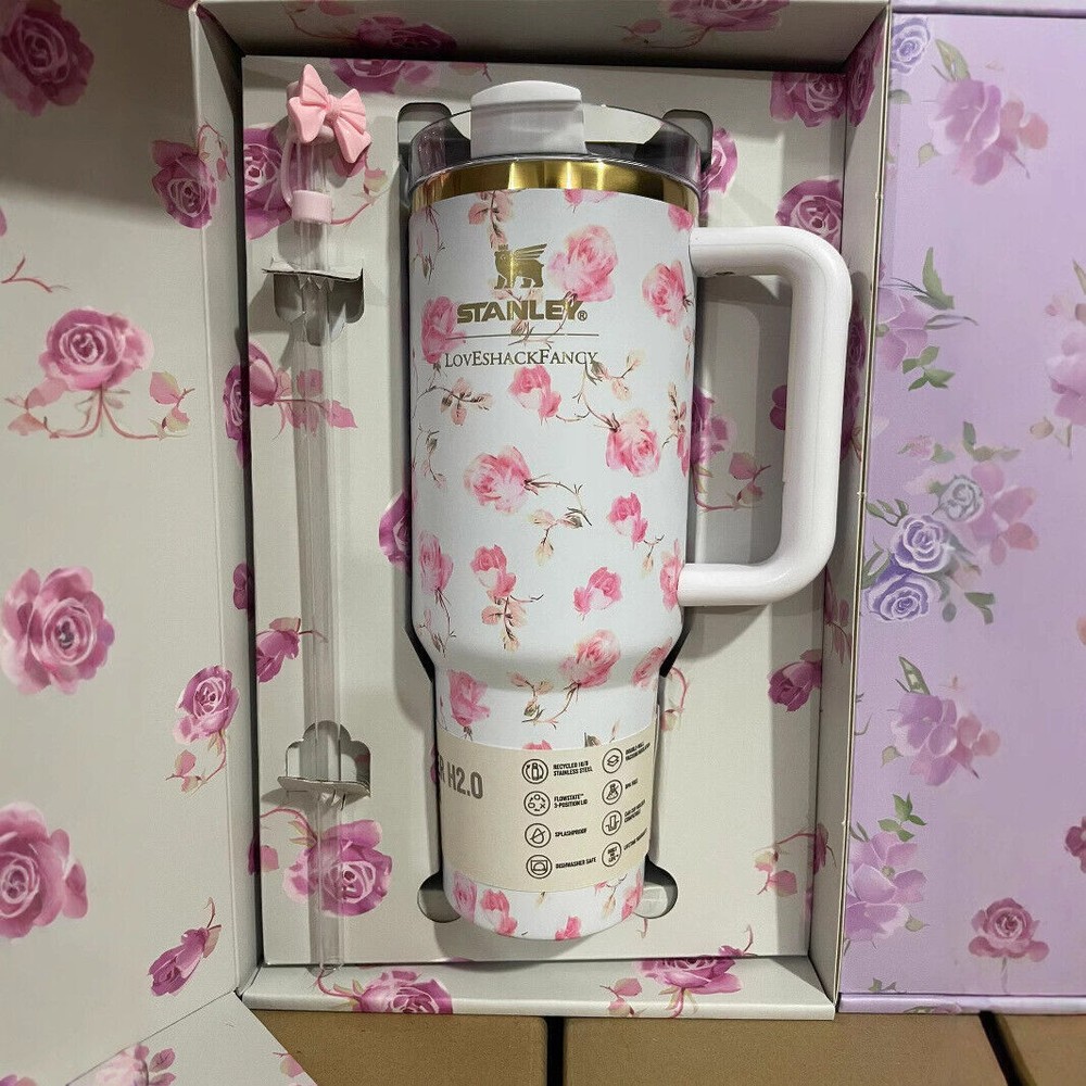 & Love Shack Fancy QUENCHER40oz 1.18LTumbler Cup Ribbon Rosa Mug Xmas Gift