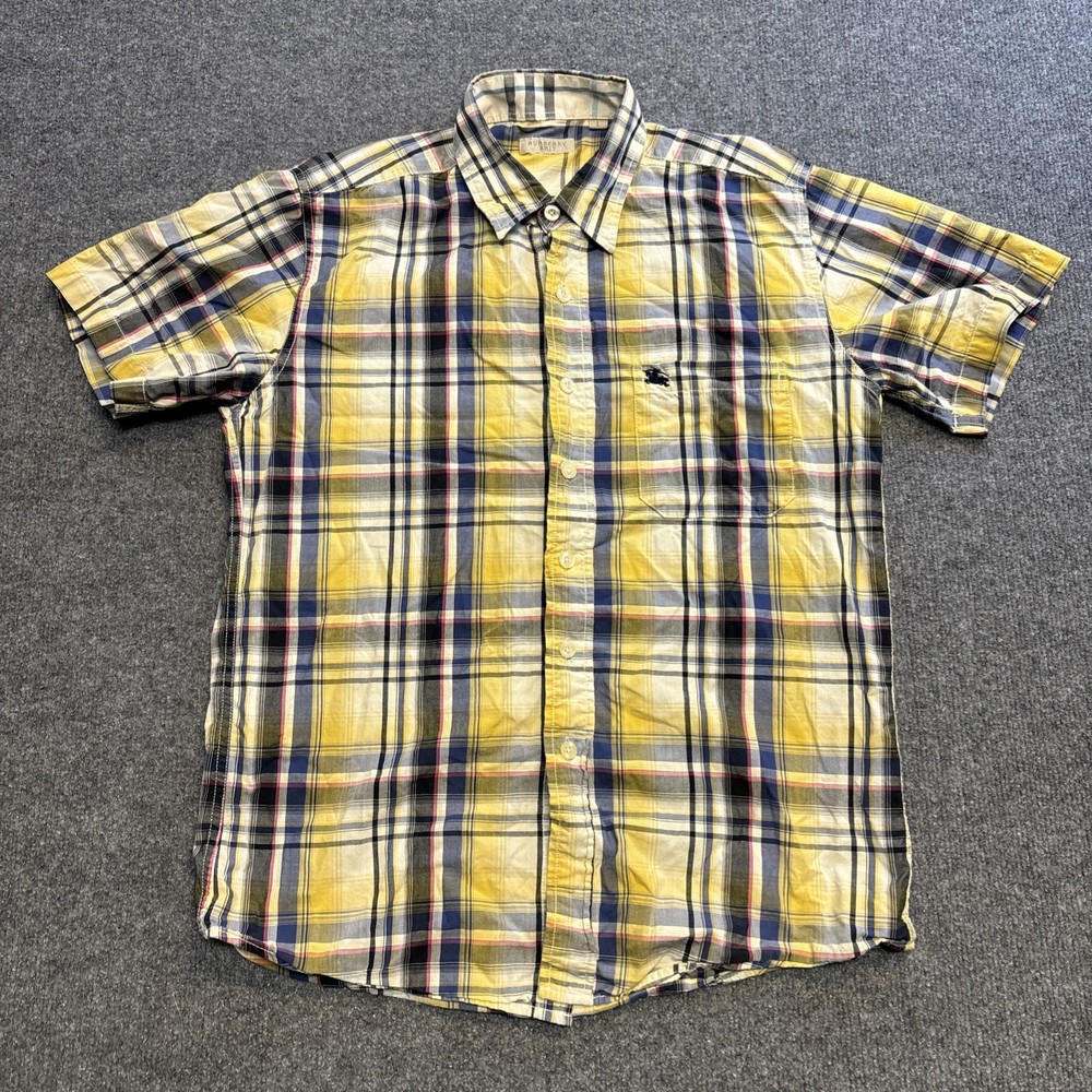Burberry Brit Men's Cotton Button-Up Shirt Large Yellow Blue Plaid Short Sleeve