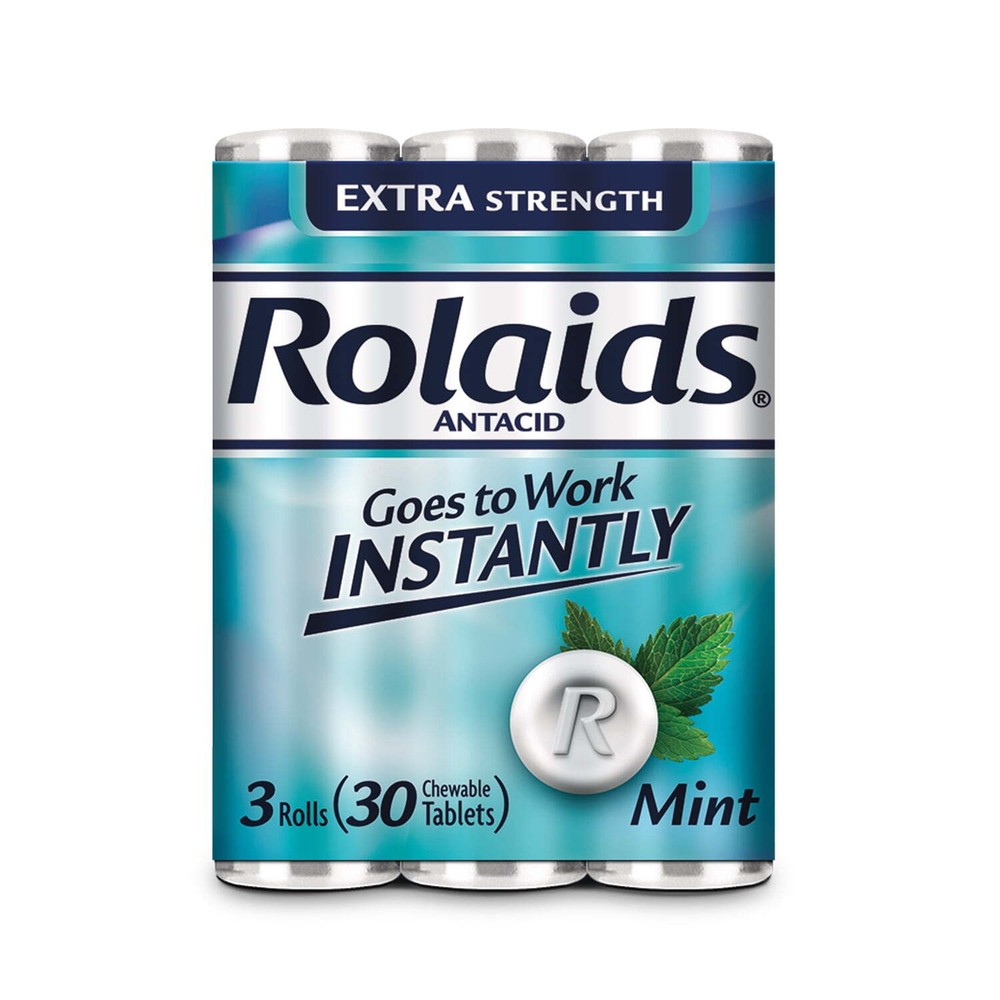 Rolaids Extra Strength Antacid Chewable Tablets, Mint, 3 Rolls, 30 Count