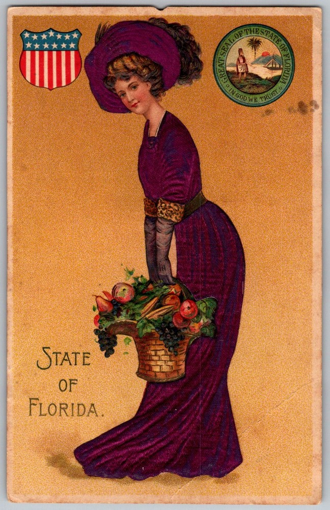 Antique Postcard Woman Fruit Basket Florida, US 1910s