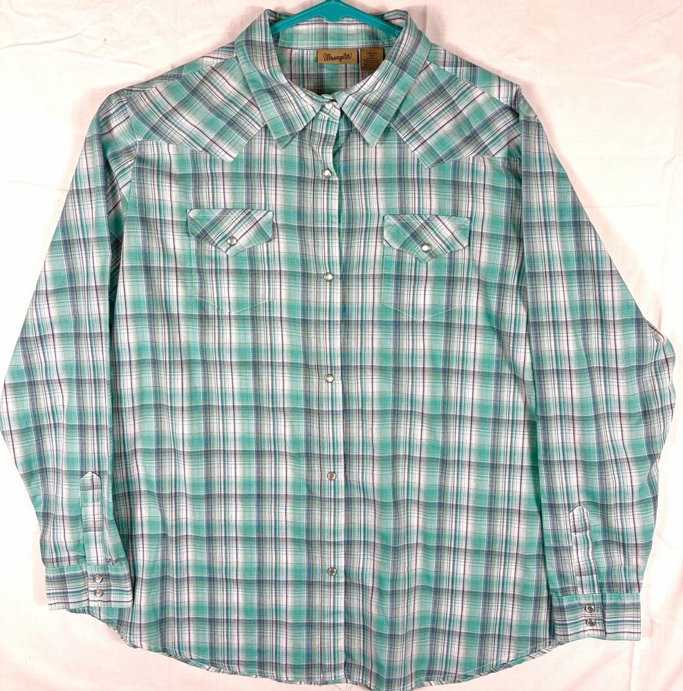 Wrangler L/S Western Rodeo Pearl Snap Shirt Blue Green Plaid Women’s XXL
