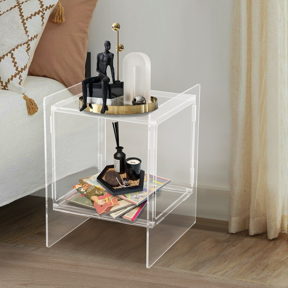 Acrylic Clear Side End Table with 2 Tires Modern Coffee Table for Living Room or Bedroom