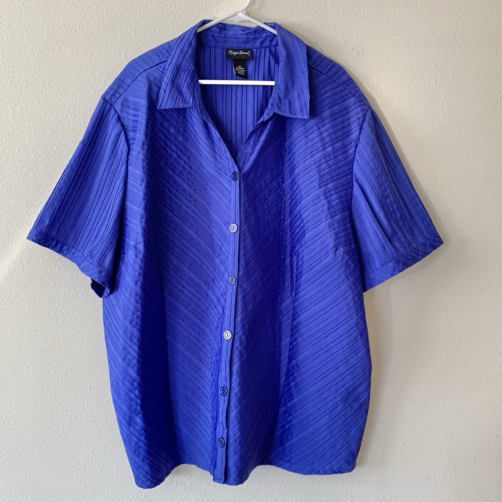 Maggie Barnes Women’s Blue Short Sleeve Button Up 4X Top Pleated Blouse