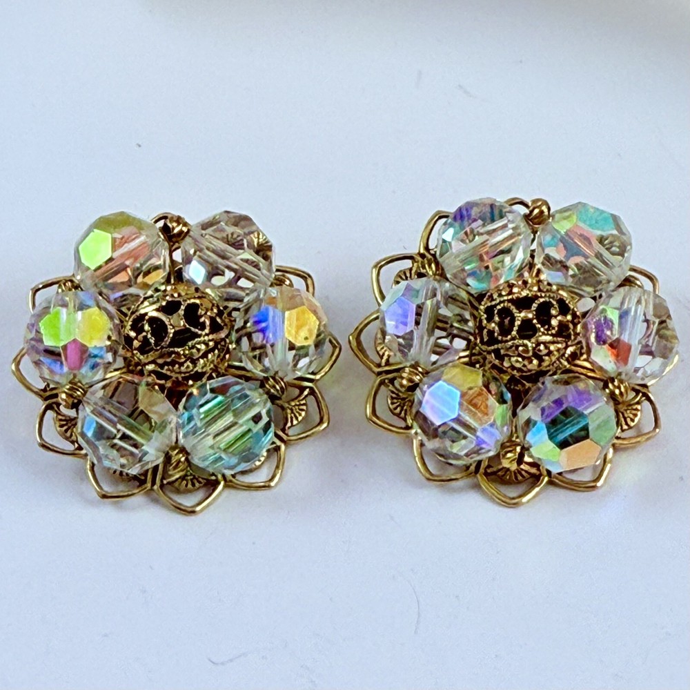 Vintage Aurora Borealis Crystal Gold Tone Filigree Clip on Earrings